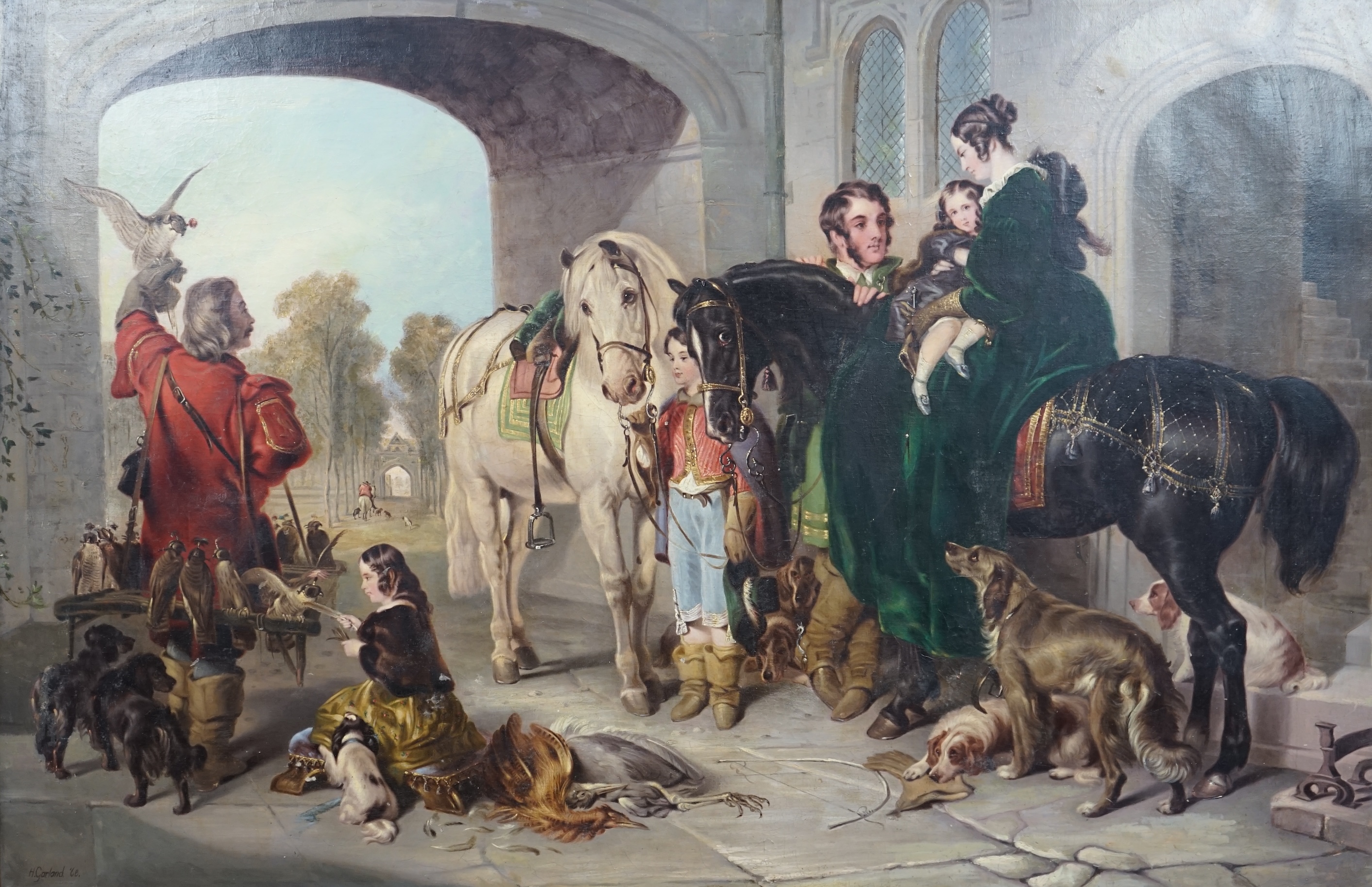 Henry Garland (British, fl.1854-1890), 'Before the hawking party', oil on canvas, 76 x 113cm